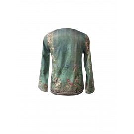 Floral Print V Neck Blouse, Vintage Long Sleeve Blouse, Women's Clothing