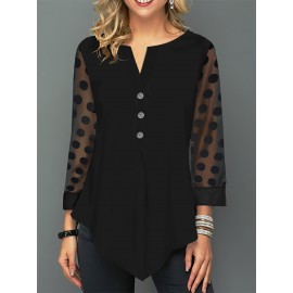 Polka-dot Mesh Notched Neck Blouse, Versatile 3/4 Sleeve Blouse For Spring & Fall, Women's Clothing