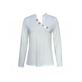 Asymmetrical Neck Button Blouse, Casual Solid Long Sleeve Simple Blouse, Women's Clothing