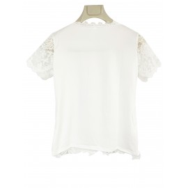 Lace Crew Neck T-Shirt, Elegant Short Sleeve T-Shirt For Spring & Summer, Women's Clothing