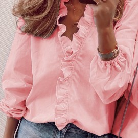 Ruffled Trim V Neck Shirt, Elegant Loose Long Sleeve Shirt, Women's Clothing
