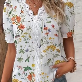 Floral Print Lace Trim Blouse, Vacation Striped V Neck Short Sleeve Blouse, Women's Clothing