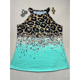 Leopard Print Halter Tank Top, Casual Sleeveless Tank Top For Summer, Women's Clothing
