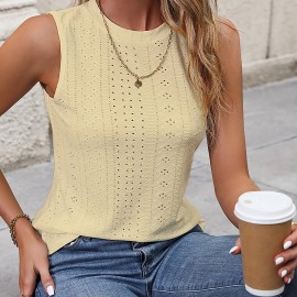 Eyelet Crew Neck Tank Top, Casual Sleeveless Tank Top For Summer, Women's Clothing