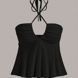 Cross Front Ruched Halter Top, Casual Tie Back Summer Sleeveless Top, Women's Clothing