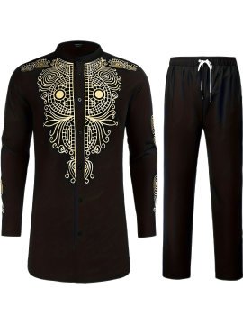 Totem Print Men's Long Sleeve Stand Collar Shirt, Ethnic Style Male Shirt For Spring Fall