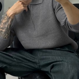 Retro Knitted Cable Sweater, Men's Casual Warm Slightly Stretch LapelPullover Sweater For Men Fall Winter