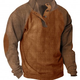 Men's Color Block Half Button Up Stand Collar Sweatshirt For Men Retro Corduroy Sweatshirts For Winter Fall Long Sleeve Tops