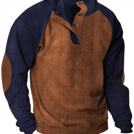 Men's Color Block Half Button Up Stand Collar Sweatshirt For Men Retro Corduroy Sweatshirts For Winter Fall Long Sleeve Tops