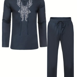 Cotton Boho Style Pattern Embroidery Men's 2 Pieces Outfits, Long Sleeve Lace Up Shirt And Drawstring Solid Trousers Set
