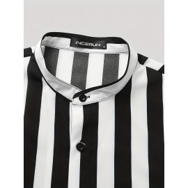 Men's Casual Stripe Mismatch Pattern Mandarin Collar Short Sleeve Shirt, Male Hawaiian Shirt For Summer