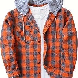 Plaid Pattern Men's Long Sleeve Hooded Shirt Jacket With Chest Pocket, Men's Casual Fall Winter Outwear