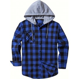 Plaid Pattern Men's Long Sleeve Hooded Shirt Jacket With Chest Pocket, Men's Casual Fall Winter Outwear