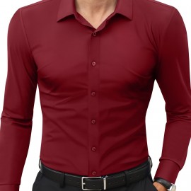 Basic Solid Men's Daily Stretch Formal Dress, Men's Slim Fit Long Sleeve Button Up Shirt, Spring Fall